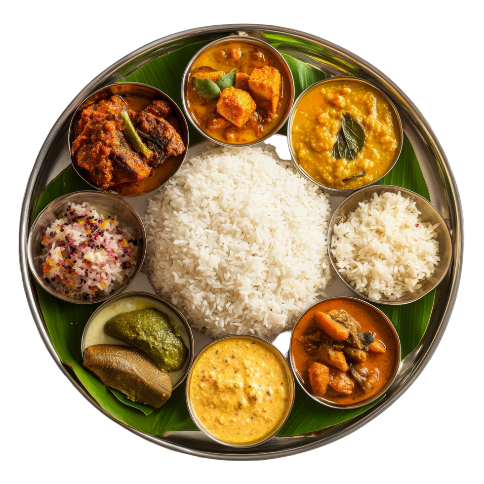Chithirai Kani traditional plate featuring a variety of dishes served on a banana leaf with rice and colorful curries, Chithirai Kani plate top view isolated on transparent background png