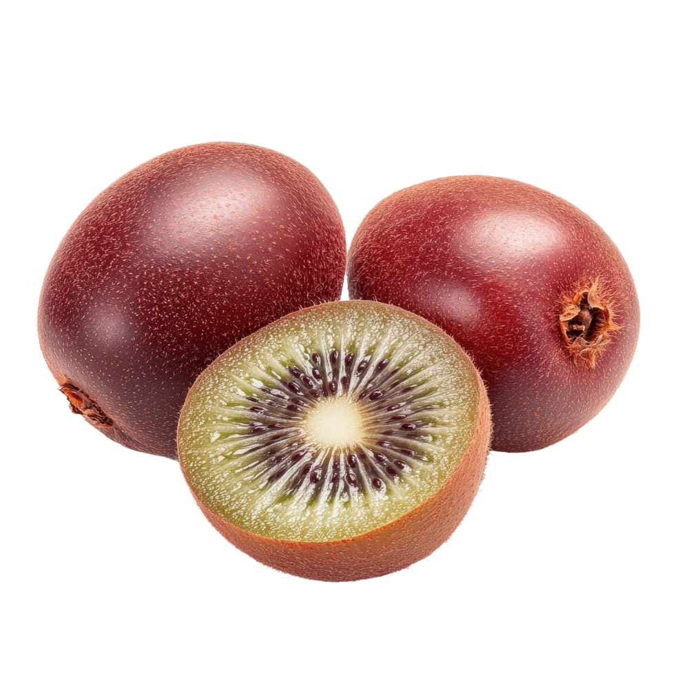 Fresh red kiwi fruit on a clean transparent surface, showcasing its unique texture and vibrant color in natural lighting, red kiwi fruit on transparent background png