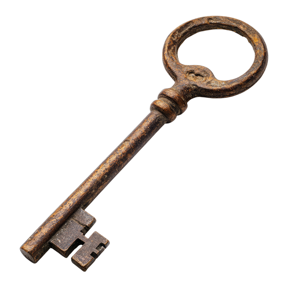 Vintage old key resting on a pristine transparent background showcasing its intricate design and historical charm, Vintage old key on a transparent background png