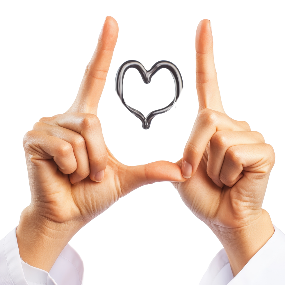 Medical hands gesturing with fingers pointing up, displaying a heart shape symbol during a health, Medical hands gesturing. Finger pointing up, showing OK, making heart, isolated on transparent png