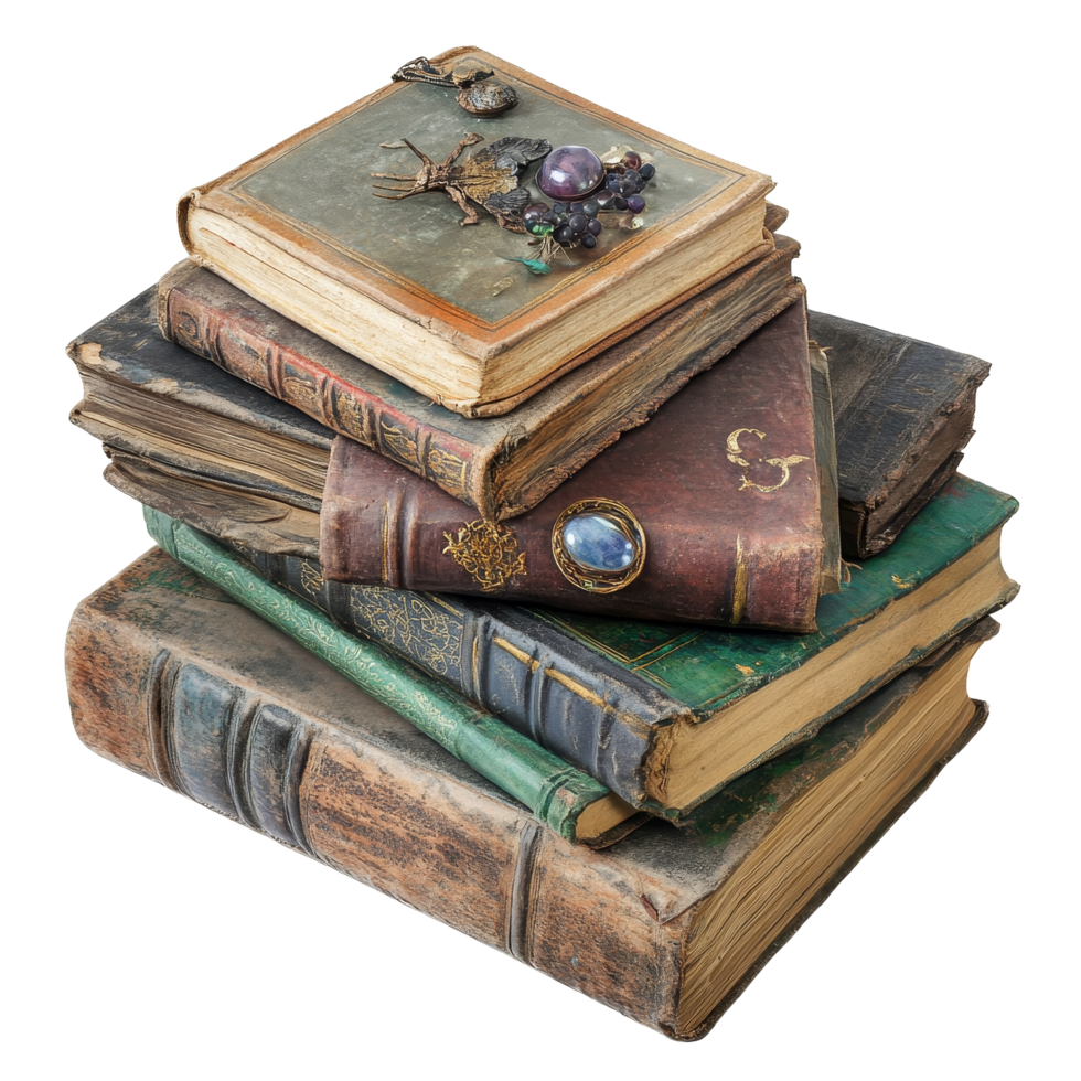 A stack of enchanted magic books with unique designs and textures against a transparent background, Enchanted Magic Books Isolated on transparent background png