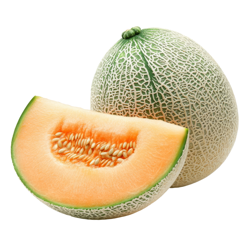 Fresh cantaloupe with seeds and a sliced section isolated on a transparent background, melons or cantaloupe with seeds isolated on transparent background png