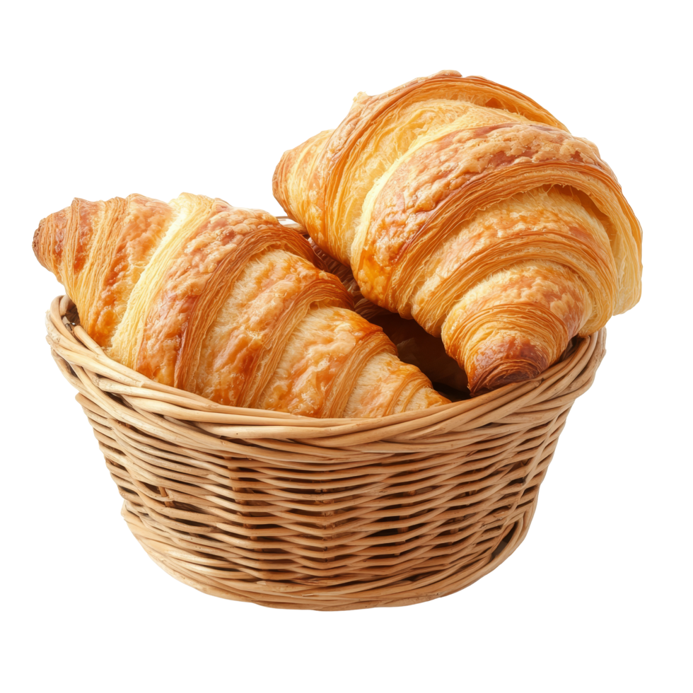 Golden croissants nestled in a woven basket on a clean transparent background, showcasing delicious flaky layers and inviting warmth, Croissant in basket on transparent background png