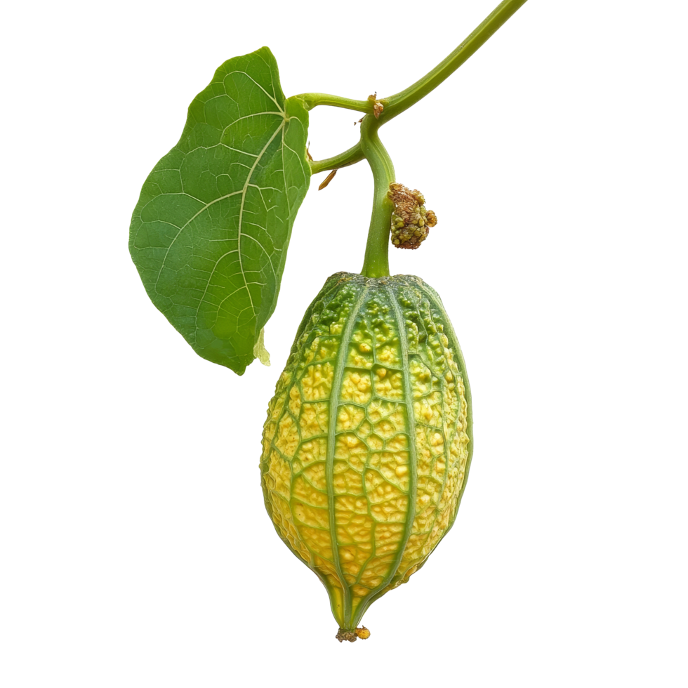 Momordica charantia growing on its vine against a pure transparent backdrop showcasing its unique texture and color, Momordica charantia on transparent background png