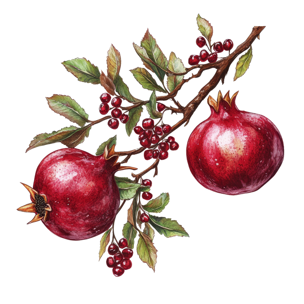 A branch of ripe pomegranates with lush leaves displayed on a bright transparent background, Branch of delicious pomegranates on whtie background cutouts png