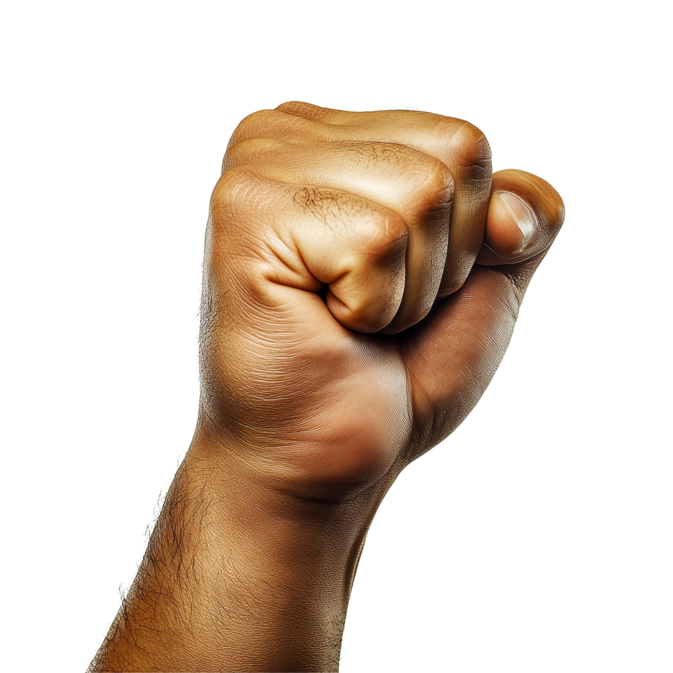 A powerful clenched fist against a clean transparent background symbolizing strength and determination, Front View of Clenched Fist on transparent background png