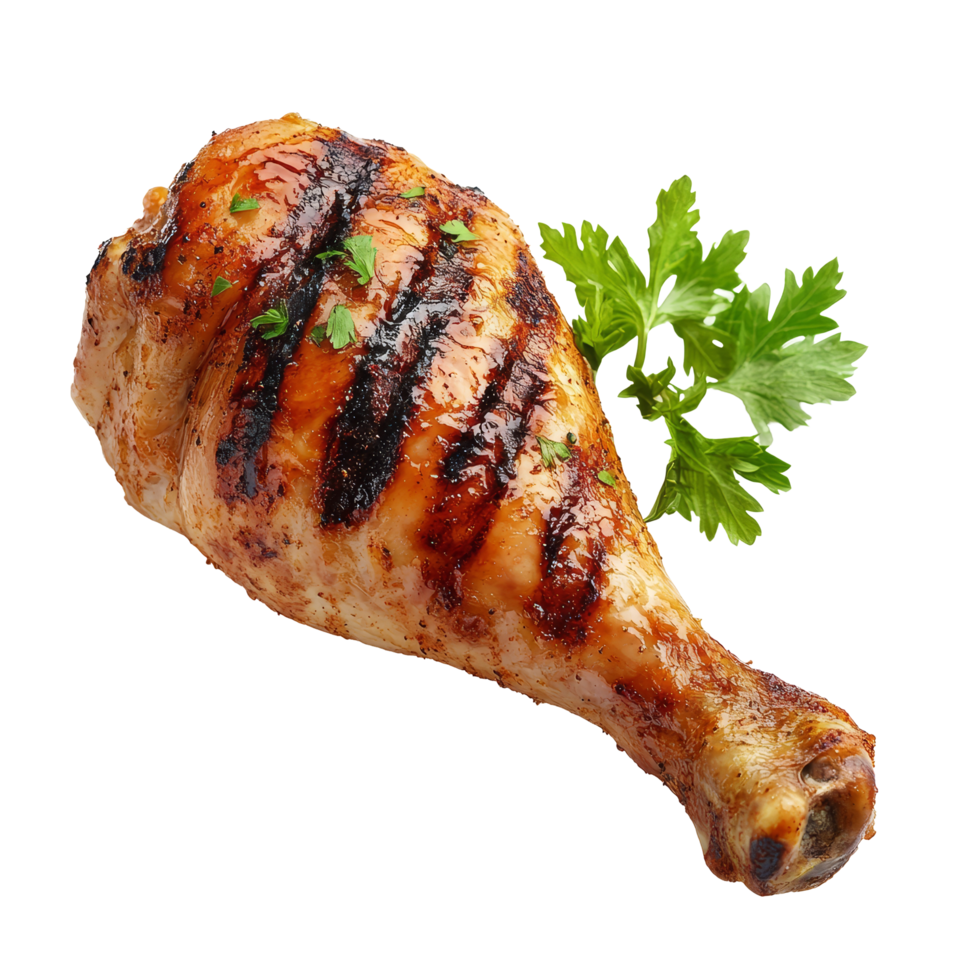Delicious grilled chicken leg garnished with fresh herbs on a clean transparent background, tasty grilled chicken leg transparent background png