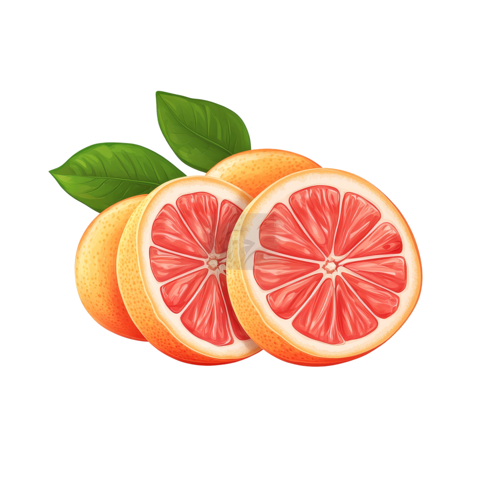 Fresh grapefruit sliced and arranged with green leaves on a transparent background showcasing its juicy interior, Fresh grapefruit fruit. Grapefruit isolated on transparent background png