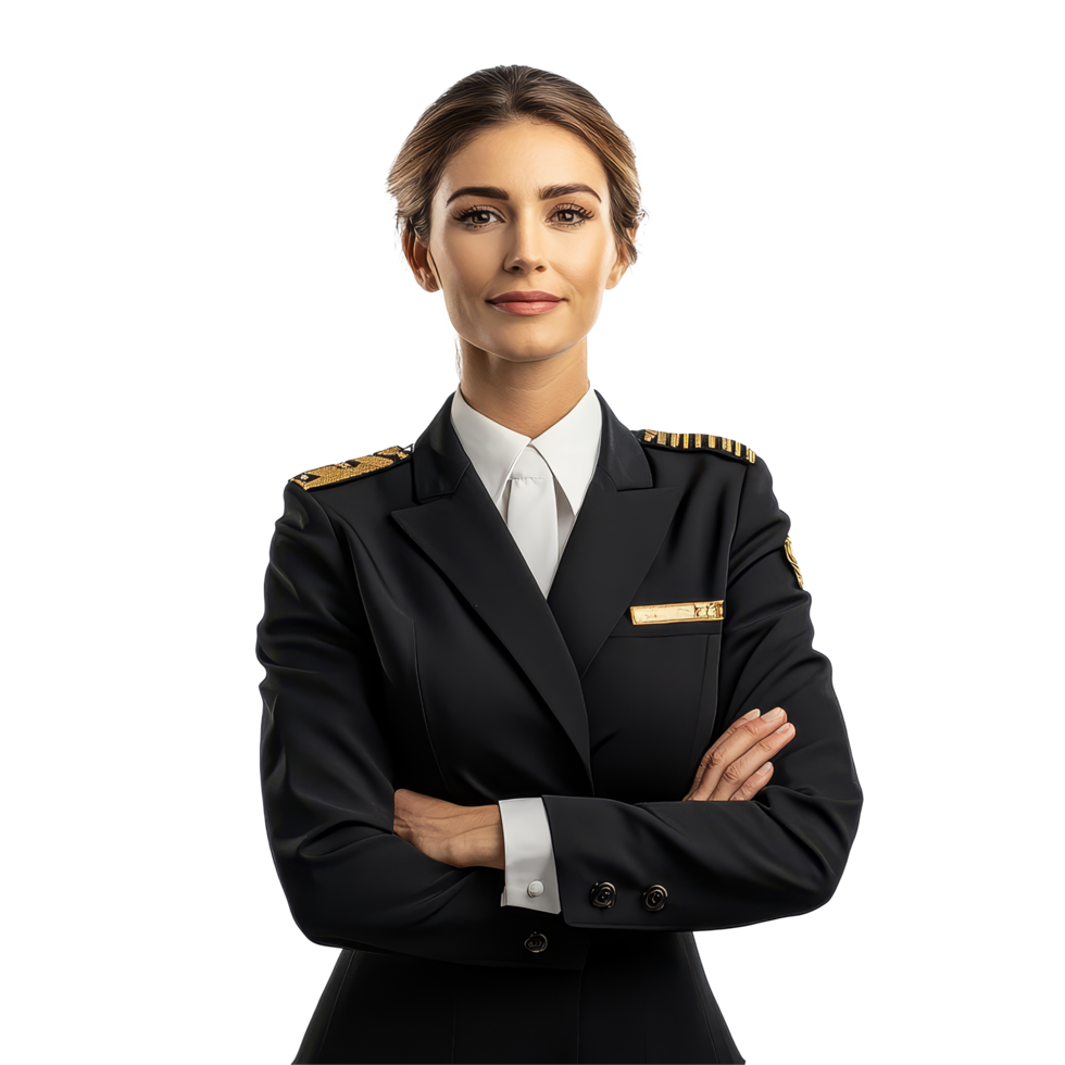 Professional woman flight attendant posing confidently against a transparent background, representing the airline industry, Woman flight attendant on transparent background png