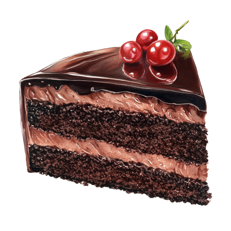 Delightful slice of rich chocolate cake with cherries on top enjoyed at a cozy cafa in the afternoon, Slice of sweet chocolate cake png