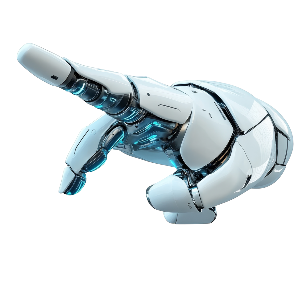 A sleek, futuristic android hand is prominently pointing forward, reflecting advanced materials and design, Futuristic Android Hand Pointing on transparent background png