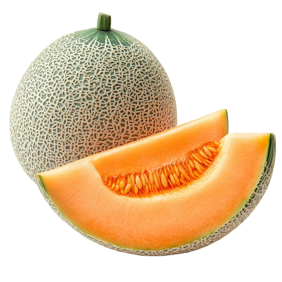 Fresh cantaloupe with a vibrant orange flesh and seeds isolated on a transparent background, orange melon or cantaloupe with seeds isolated on transparent background png
