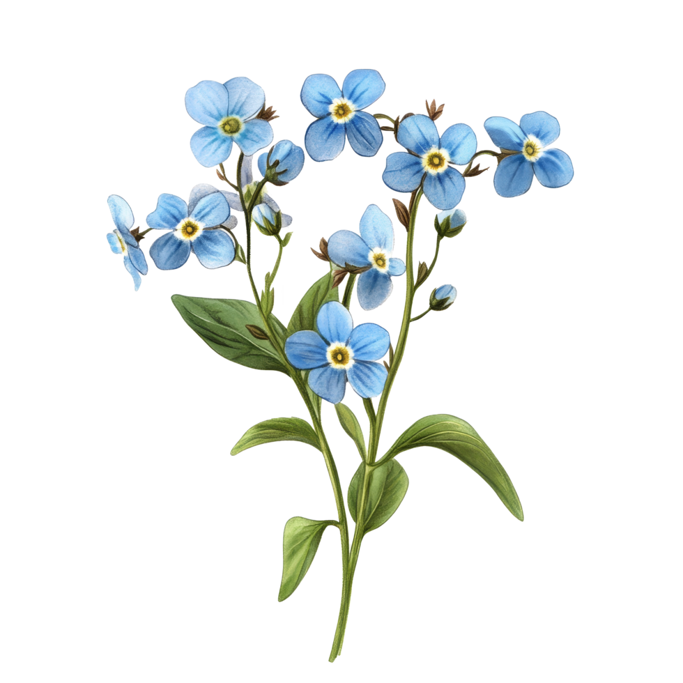Delicate forgetmenot flowers arranged in a beautiful cluster on a clean transparent background, forget me not flowers isolated on transparent background png
