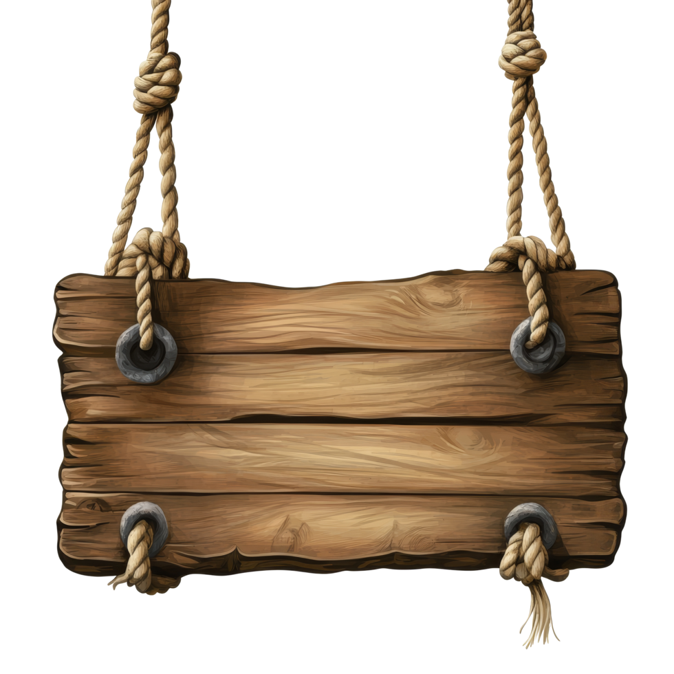 Rustic wooden signboard with hanging ropes isolated against a plain background, Rustic Wooden Signboard with Hanging Ropes isolated on transparent background png