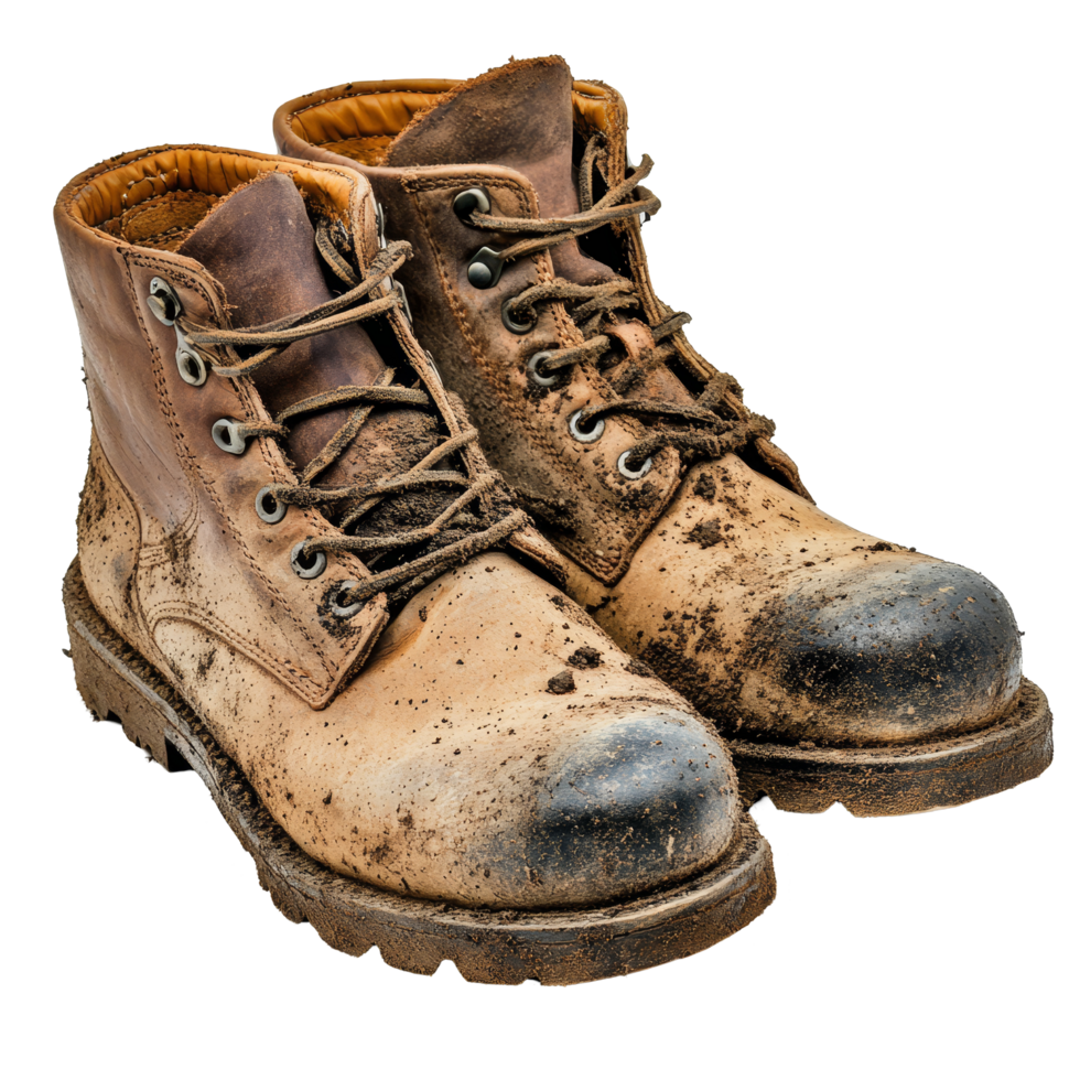 Old brown leather rugged worker boots covered in mud, showcasing their durability and character, old brown leather rugged worker boots shoes with mud and dust isolated on transparent background png