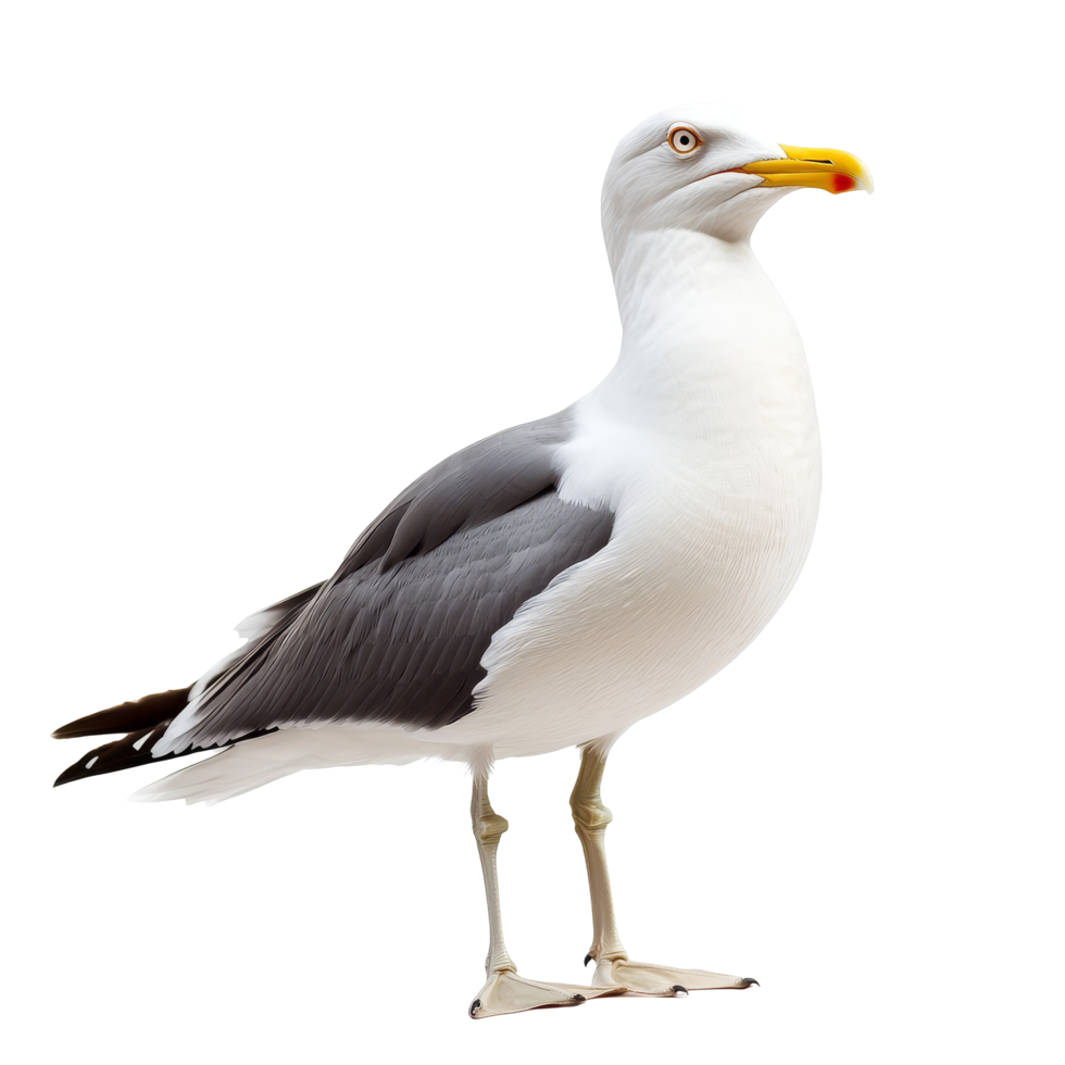 A solitary seagull patiently waits for food on a bright transparent background, typical seagull waiting for something isolated on transparent background png
