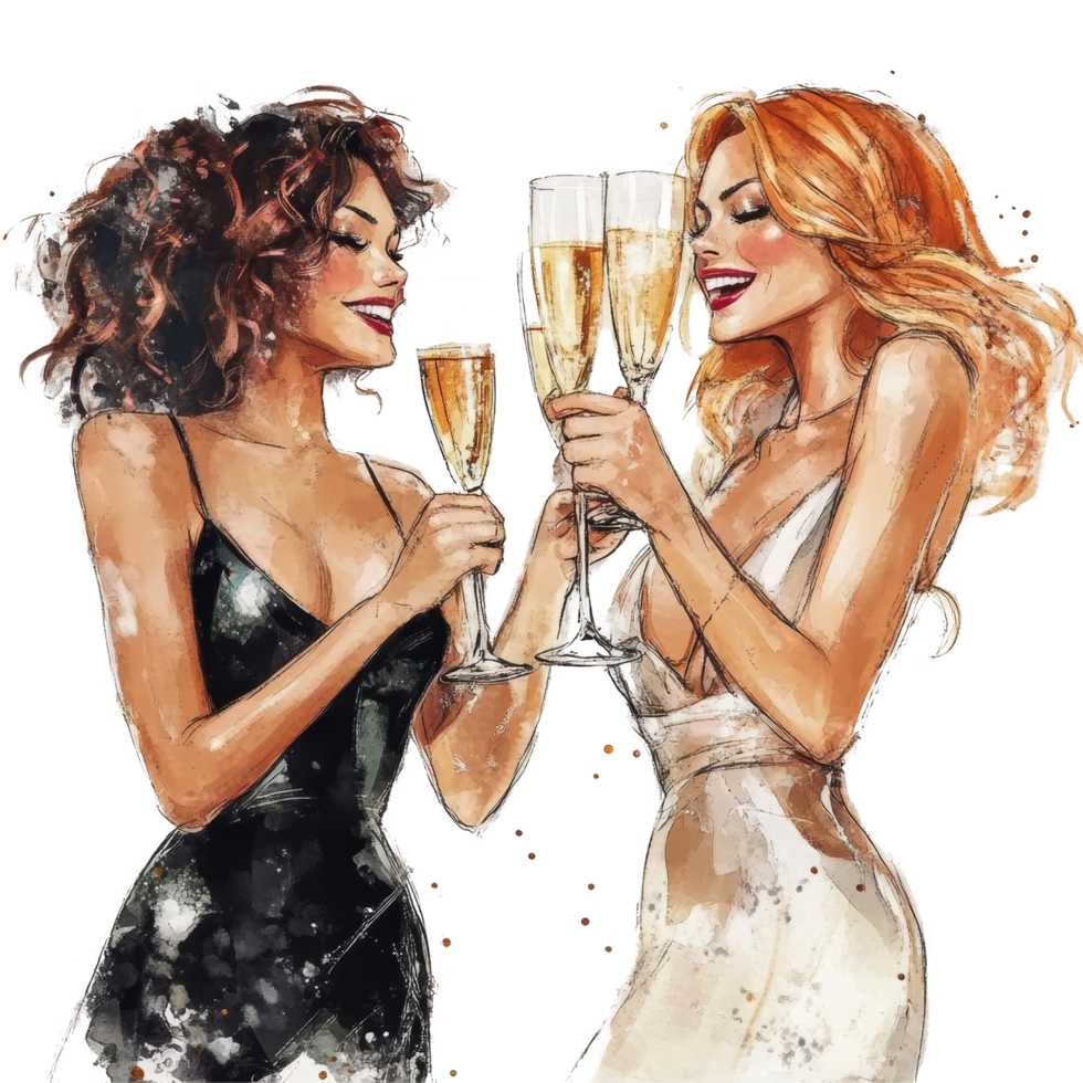 Two beautiful women celebrating with champagne on a transparent background, Beautiful Women Toasting with Champagne on transparent background png