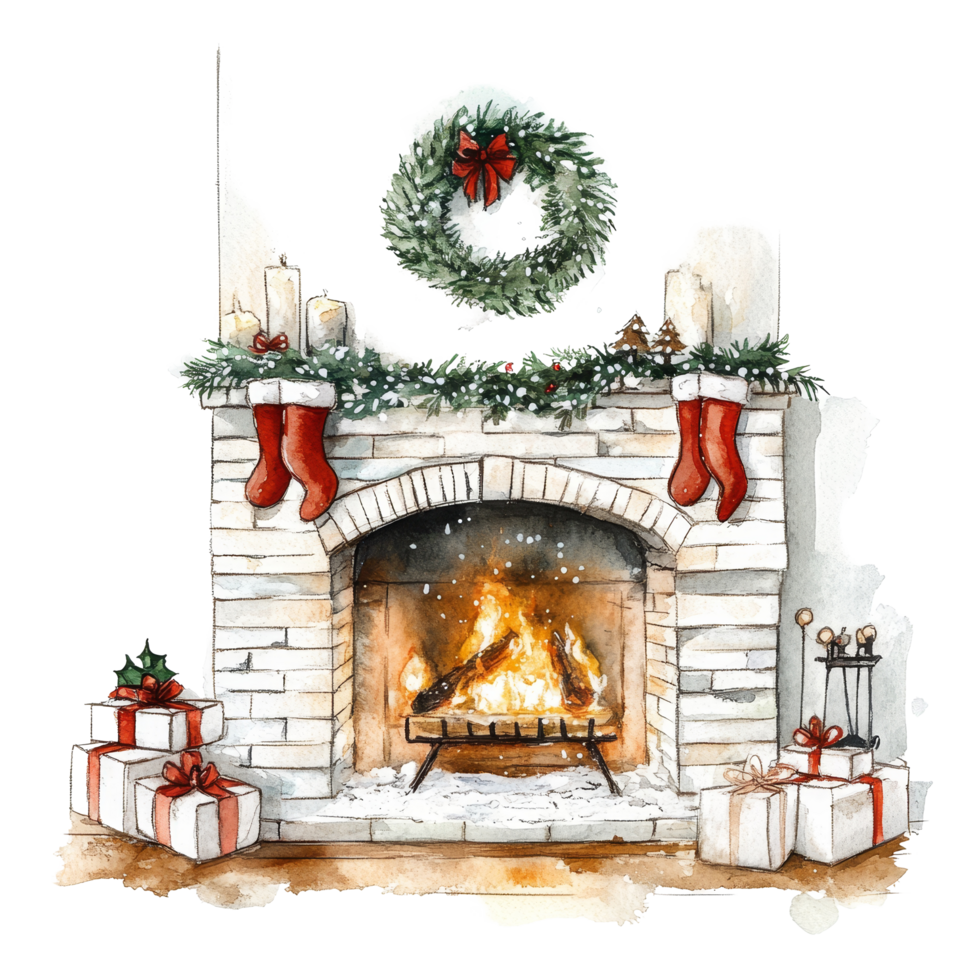 A cozy Christmas fireplace adorned with stockings, greenery, and presents, Cozy Christmas Fireplace and Hearth Minimalistic Watercolor Illustration on transparent background png