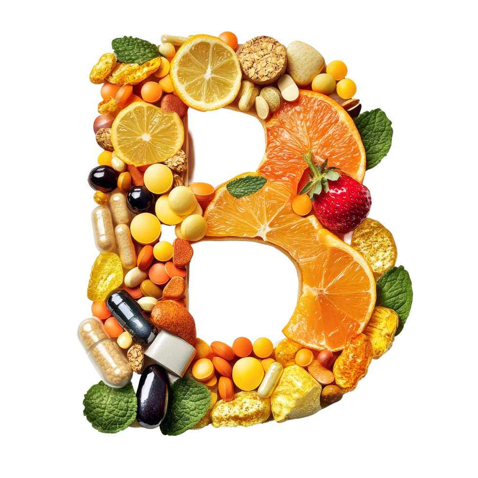 Colorful arrangement of vitamins and fruits in the shape of the letter B on a transparent background, vitamins b on transparent background png
