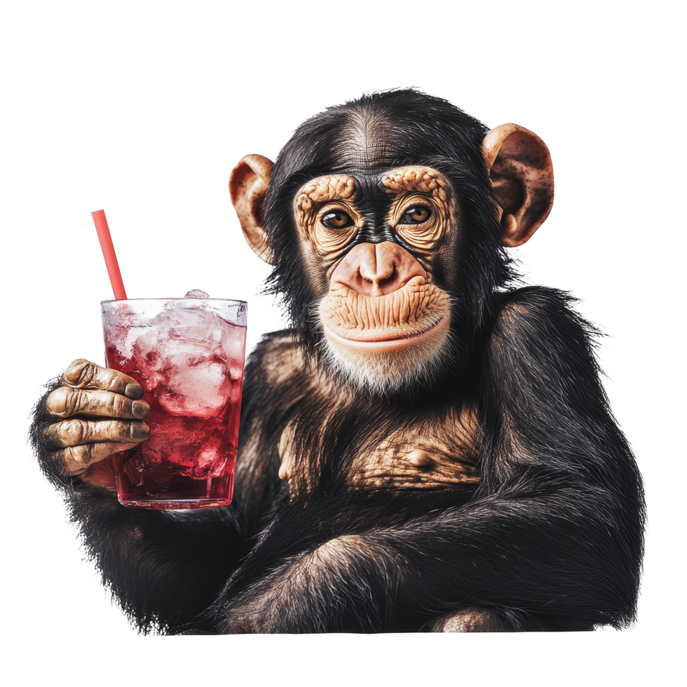 A cheerful chimpanzee enjoys a refreshing drink while relaxing in a sunny summer setting, Summer Vibe Relaxing Chimpanzee with a Cold Drink On transparent background png
