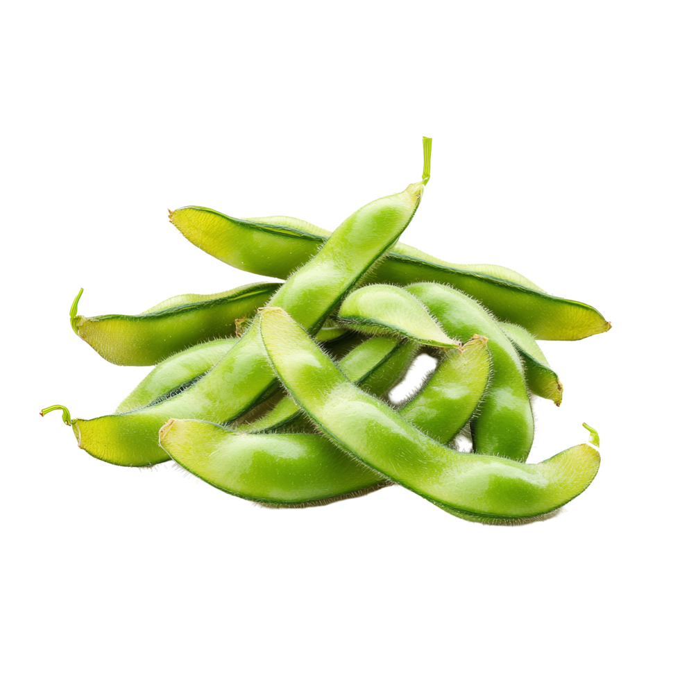 Fresh green soybeans piled on a plain transparent background highlighting their vibrant color and smooth texture, green soybeans on transparent background png