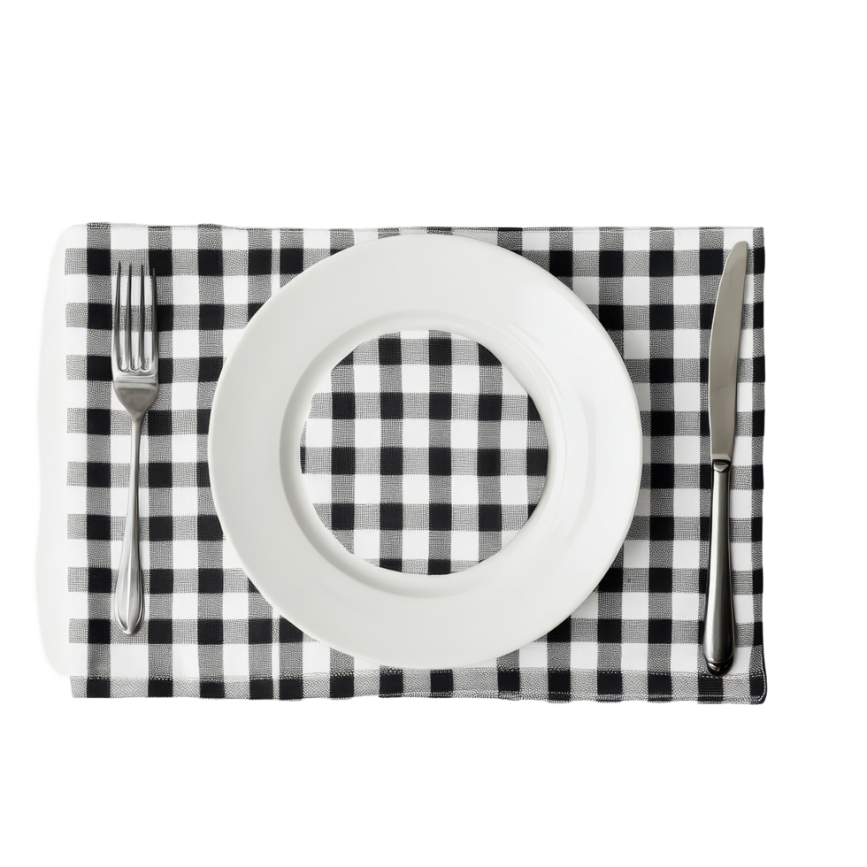 A top view of a checkered tablecloth with a transparent plate and cutlery arranged for a meal setting, Top view checkered tablecloth and plate on transparent backgroundfile png