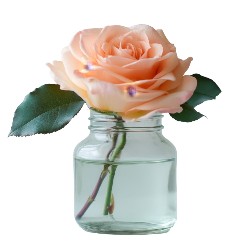 A delicate peach rose elegantly displayed in a glass jar against a soft transparent background, Rose in a glass jar on transparent background. Rose flower glass jar transparent background png