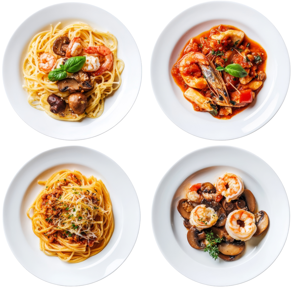 Delicious pasta dishes featuring bolognese, carbonara, mushroom, and seafood variations served creatively, Pasta Dishes Bolognese, Carbonara, Mushroom, and Seafood on transparent background png