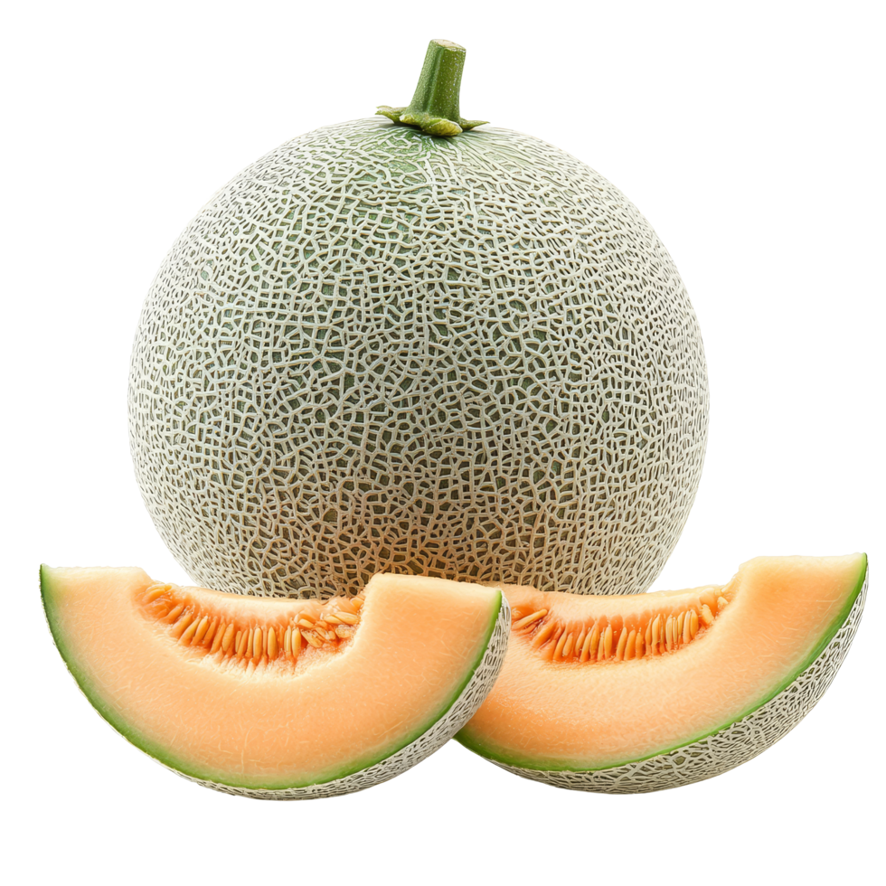 Fresh whole and sliced Japanese melon displaying its sweet orange flesh in a bright setting, whole and slice of japanese melons, or cantaloupe isolated transparent background png