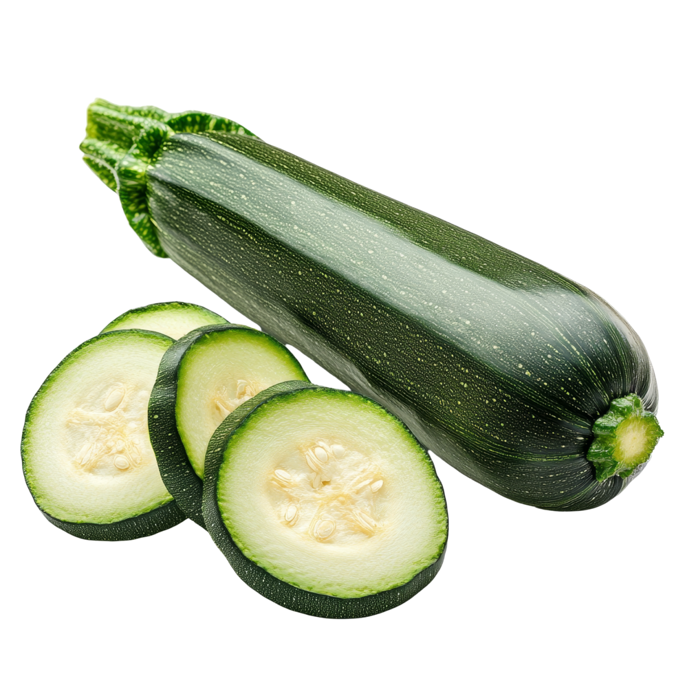 Freshly sliced zucchini on a clean transparent background showcasing its vibrant green color and smooth texture, slice fresh zucchini with slice on transparent background png