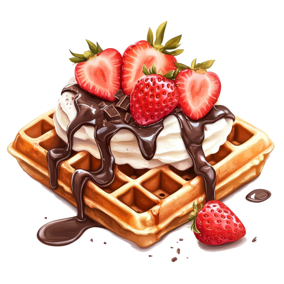 Indulgent waffles drizzled with syrup and topped with fresh strawberries and whipped cream, Delicious Waffles Topped with Syrup, Strawberries and chocolate On transparent background png