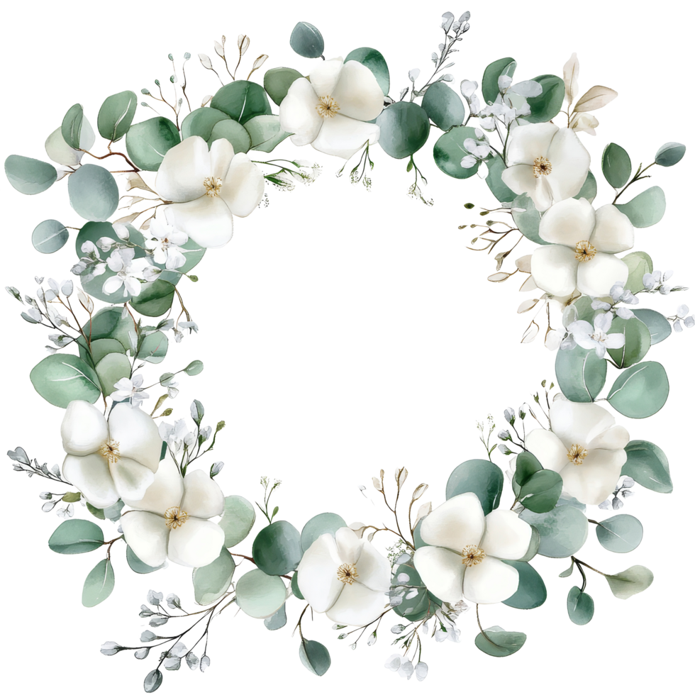 Watercolor wreath featuring transparent flowers and eucalyptus leaves for a serene decorative touch, transparent Flower and Eucalyptus Watercolor Wreath Borders Timeless Elegance png
