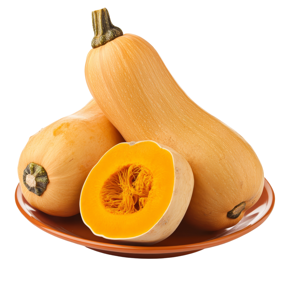 Fresh butternut squash arranged on a plate, isolated against a clean transparent background for culinary presentation, butternut squash in a plate isolated on transparent background png