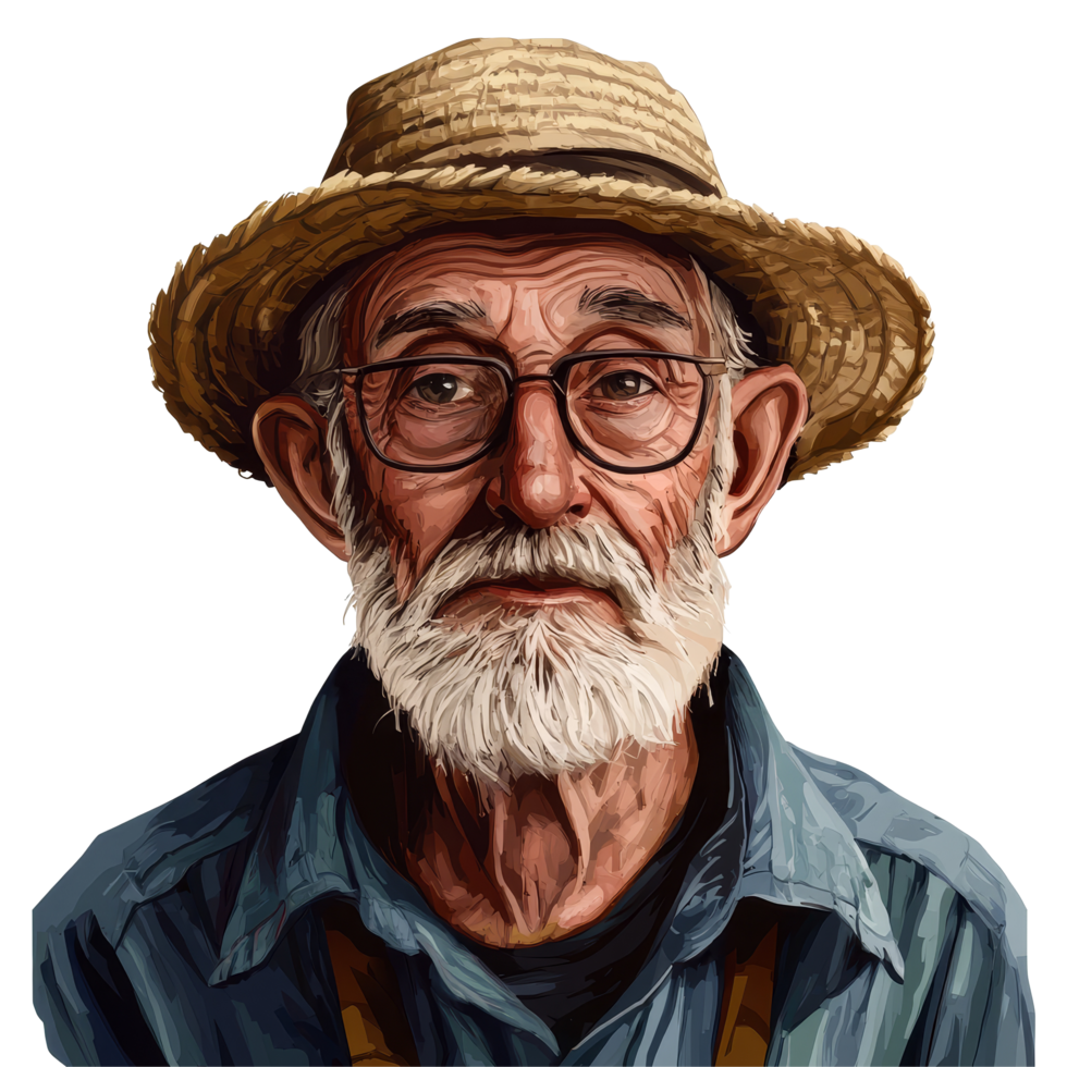 Portrait of a wise old farmer with a straw hat and glasses on a clean transparent background, Wise Old Farmer Portrait on transparent background png