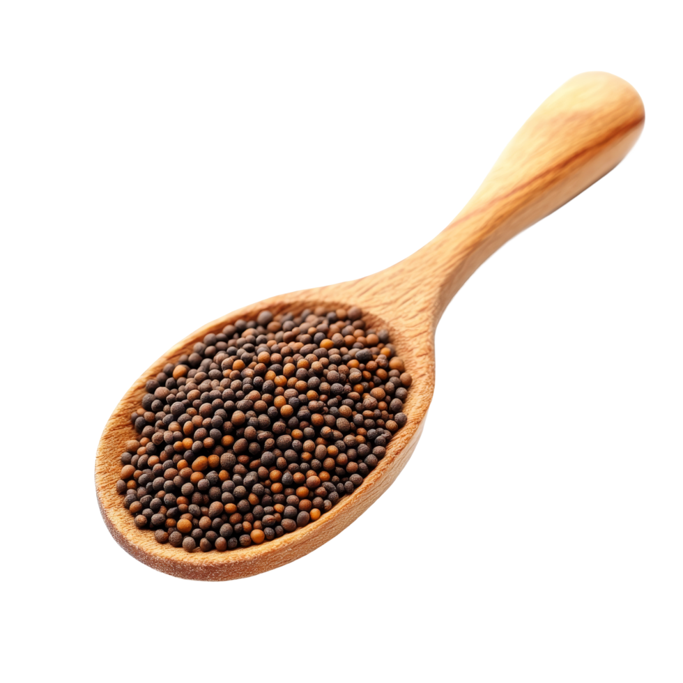 Mustard seeds in a wooden spoon on a transparent background ready for cooking or seasoning dishes, mustard seeds in wood spoon isolated on transparent background png