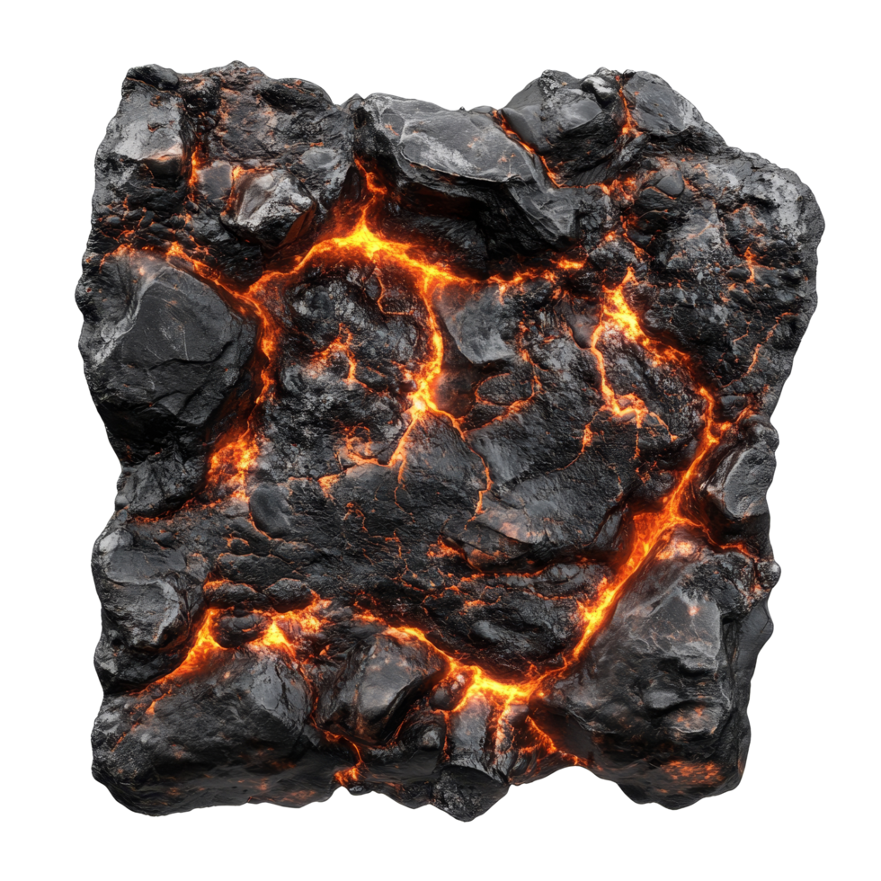 Molten rock surface displaying intricate textures and lava flows under a darkened environment, Lava Surface with Molten Rock and Texture, Isolated on transparent background png