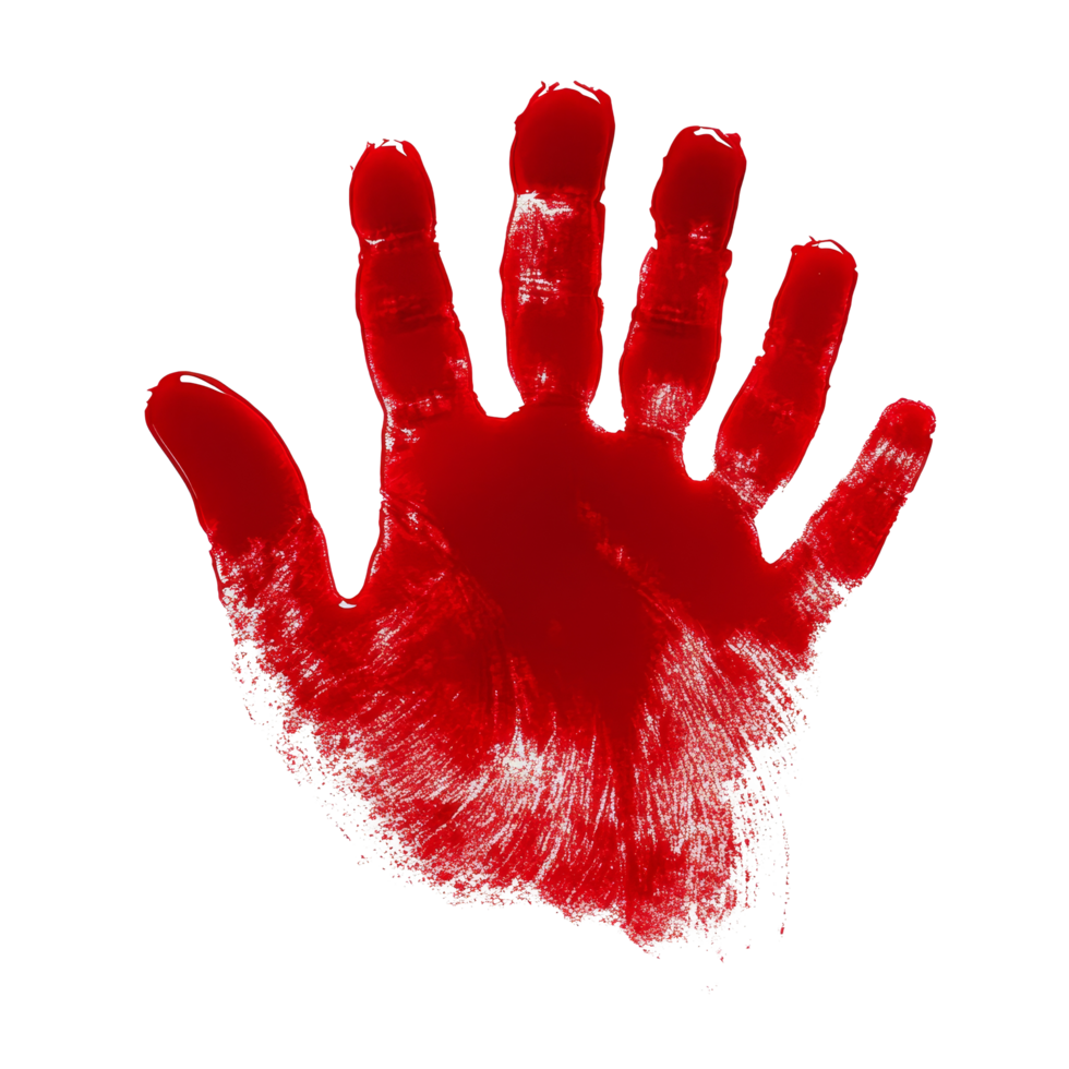 Red blood handprint on a transparent background symbolizes urgency and potential danger in an artistic context, Red Blood Handprint on transparent background png