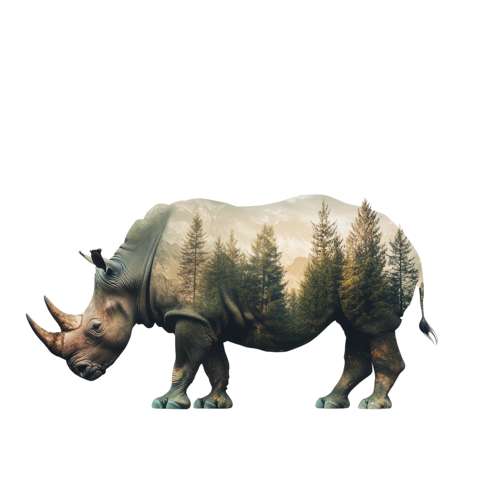 Rhino walking through a tranquil forest landscape in an imaginative double exposure concept of nature, Rhino and forest double exposure, concept of power of the nature with transparent background png