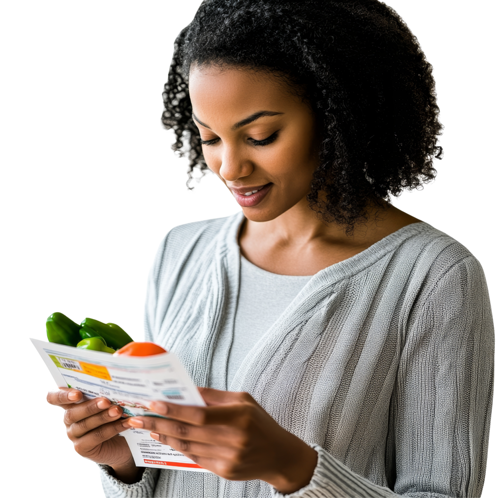 Woman reviewing grocery receipt while holding fresh produce in a bright, welllit kitchen environment, file no background Woman checking a grocery receipt png