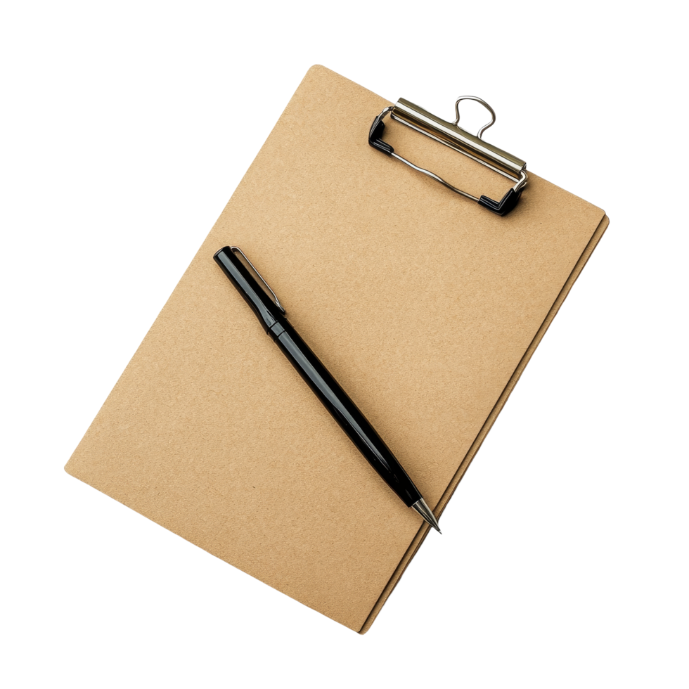Small brown clipboard with a black pen resting on it for taking notes or organizing tasks, Small brown clipboard with pen. Single clipboardwriting board with papers png