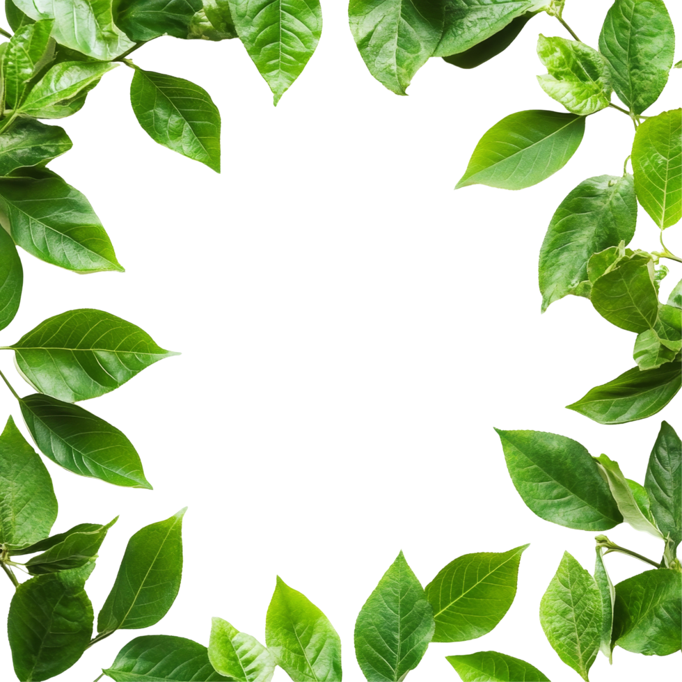 Beautiful green leaves creating a natural frame around a blank transparent background perfect for design or craft projects, green leaves frame isolated on transparent png