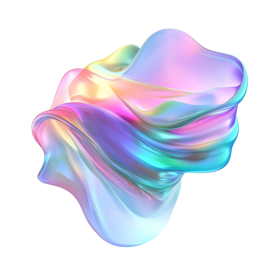 Colorful iridescent waves create a mesmerizing abstract form with smooth, flowing shapes in vibrant hues, multicolored flowing abstract iridescent wave solid shape isolated transparent background png