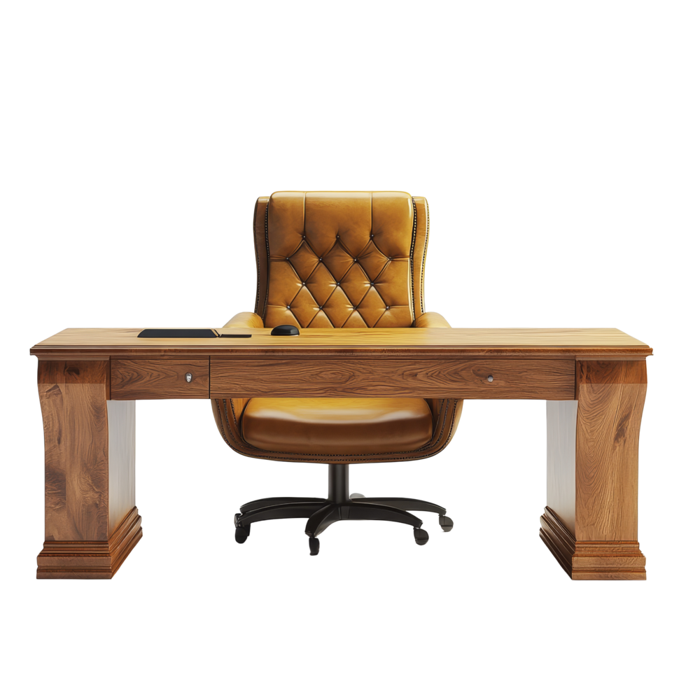 Elegant wooden executive desk paired with a plush leather chair in a minimalist setting, Wooden Executive Desk with Plush Leather Chair on transparent background png