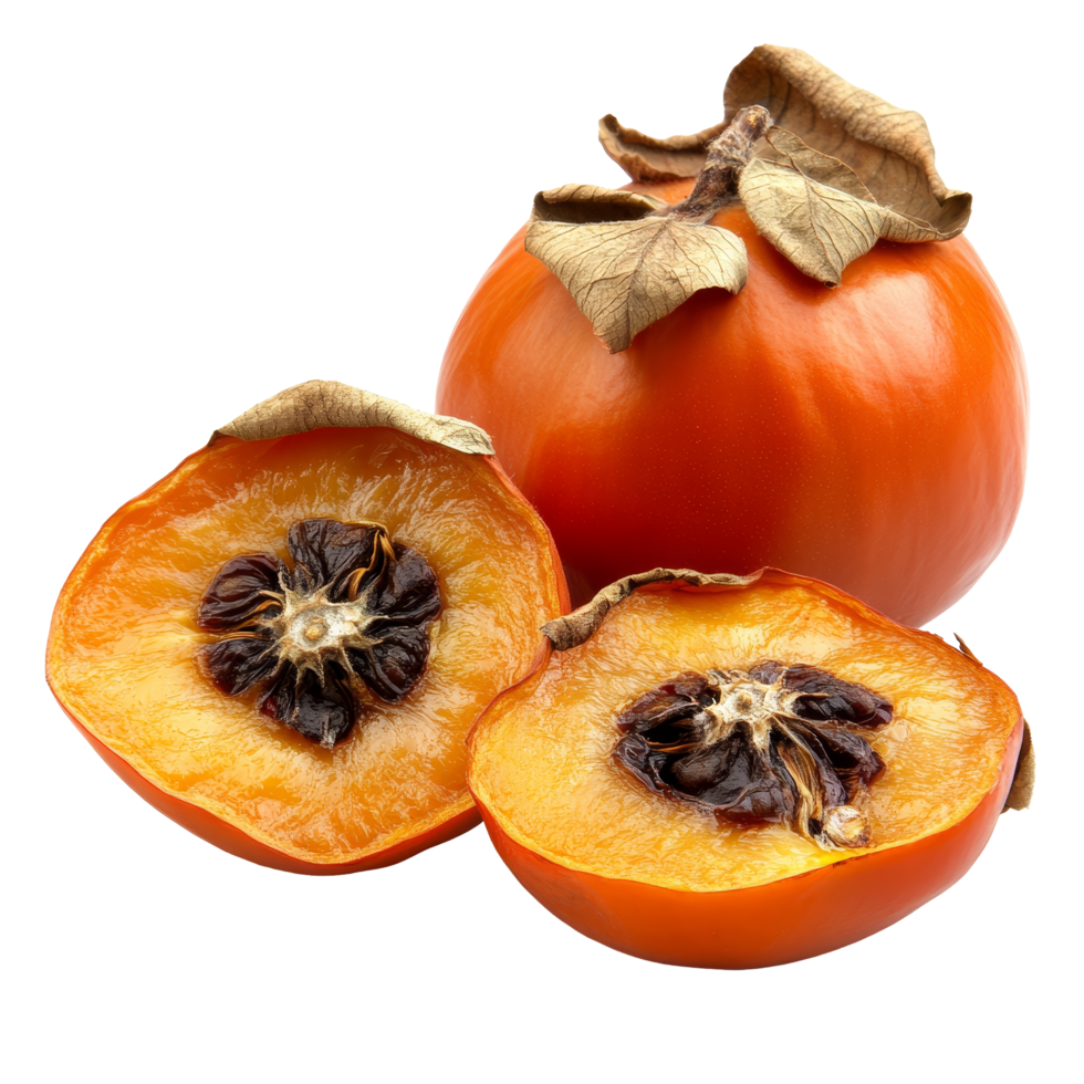Fresh and dried persimmons isolated on a transparent background, showcasing their vibrant color and unique texture, ripe persimmons and dry isolated on transparent background png