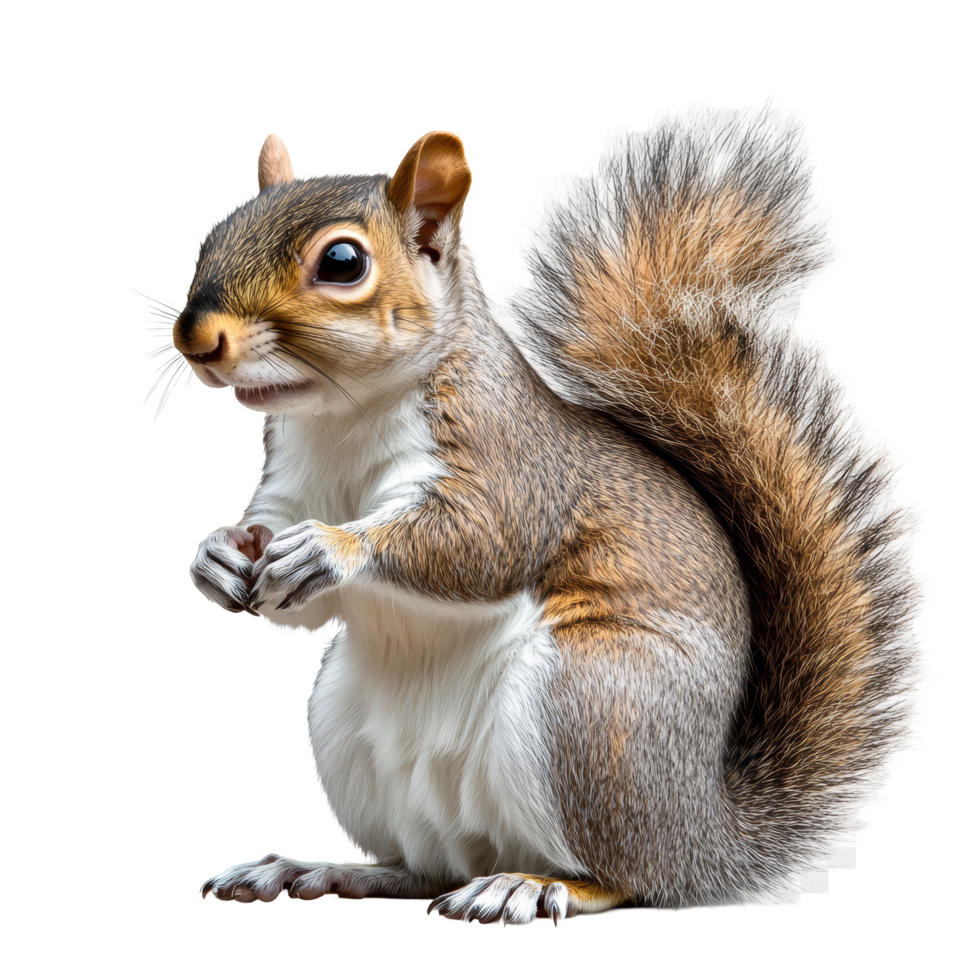 A curious squirrel with a bushy tail standing upright on a transparent background, Squirrel on transparent background png