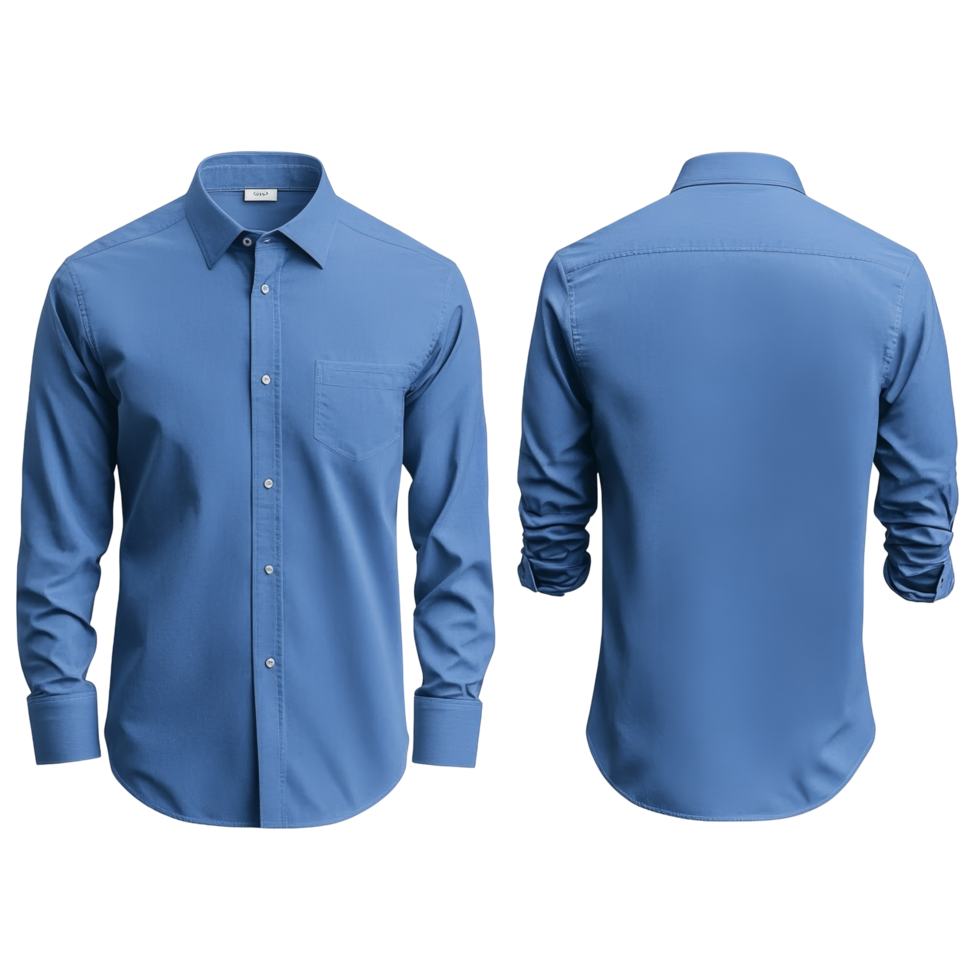 Elegant blue shirt mockup showcasing front and back views with modern design and tailored fit, Elegant Blue Shirt Mockup Front and Back Views on transparent background png