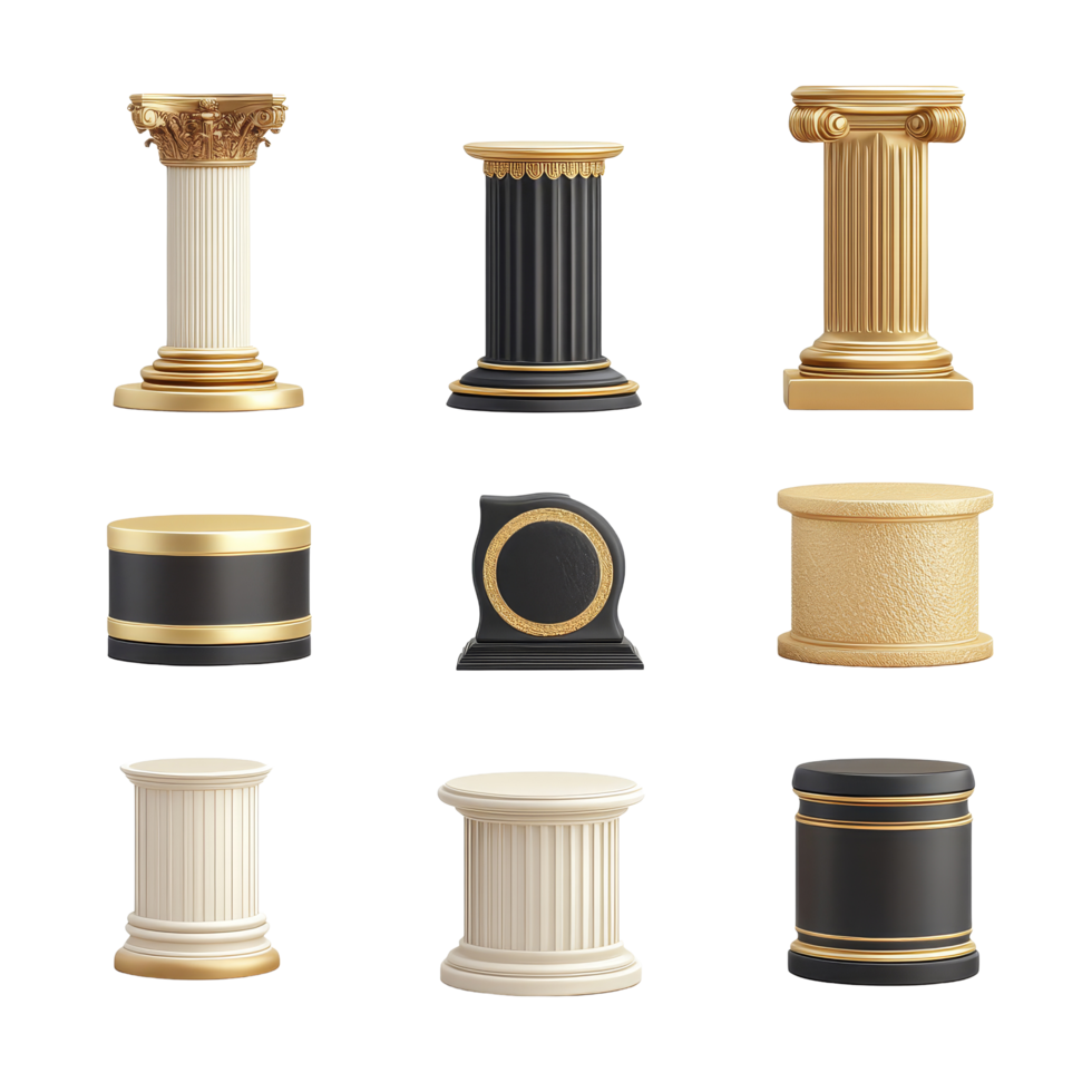 Collection of decorative podiums displayed on a transparent background showcasing various styles and designs, podium on transparent background png