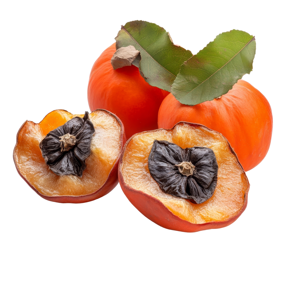 Ripe persimmons and dried fruit isolated on a clean transparent background for fresh snack ideas and healthy recipes, ripe persimmons and dry isolated on transparent background png