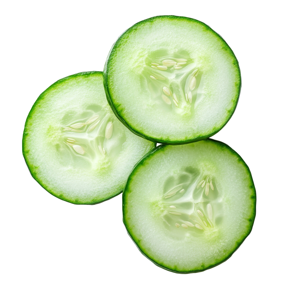 Fresh cucumber slices arranged on a clean transparent background, showcasing their vibrant green color and juicy texture, Cucumber slices isolated on transparent background png