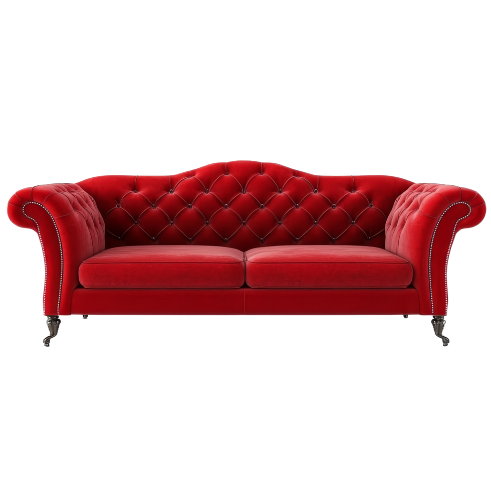 Elegant red sofa with a tufted design isolated on a clean transparent background, perfect focal point for interior decor, red sofa isolated on transparent png